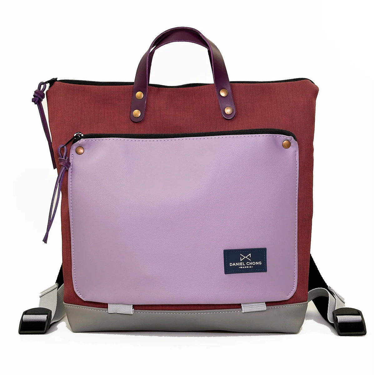 Mochila Book Holder Cuadrada Impermeable con bolsillo extra Daniel Chong - Color vino con bolsillo lila