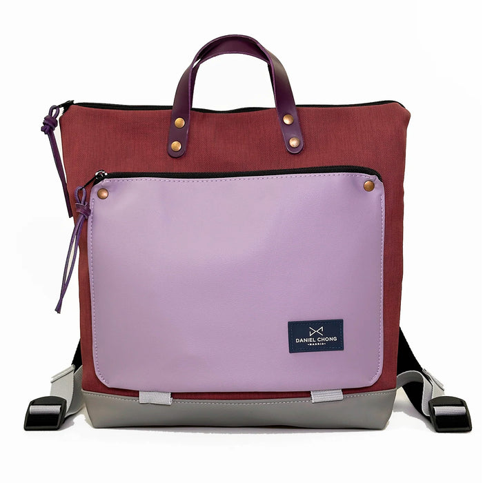 Mochila Book Holder Cuadrada Impermeable con bolsillo extra Daniel Chong - Color vino con bolsillo lila