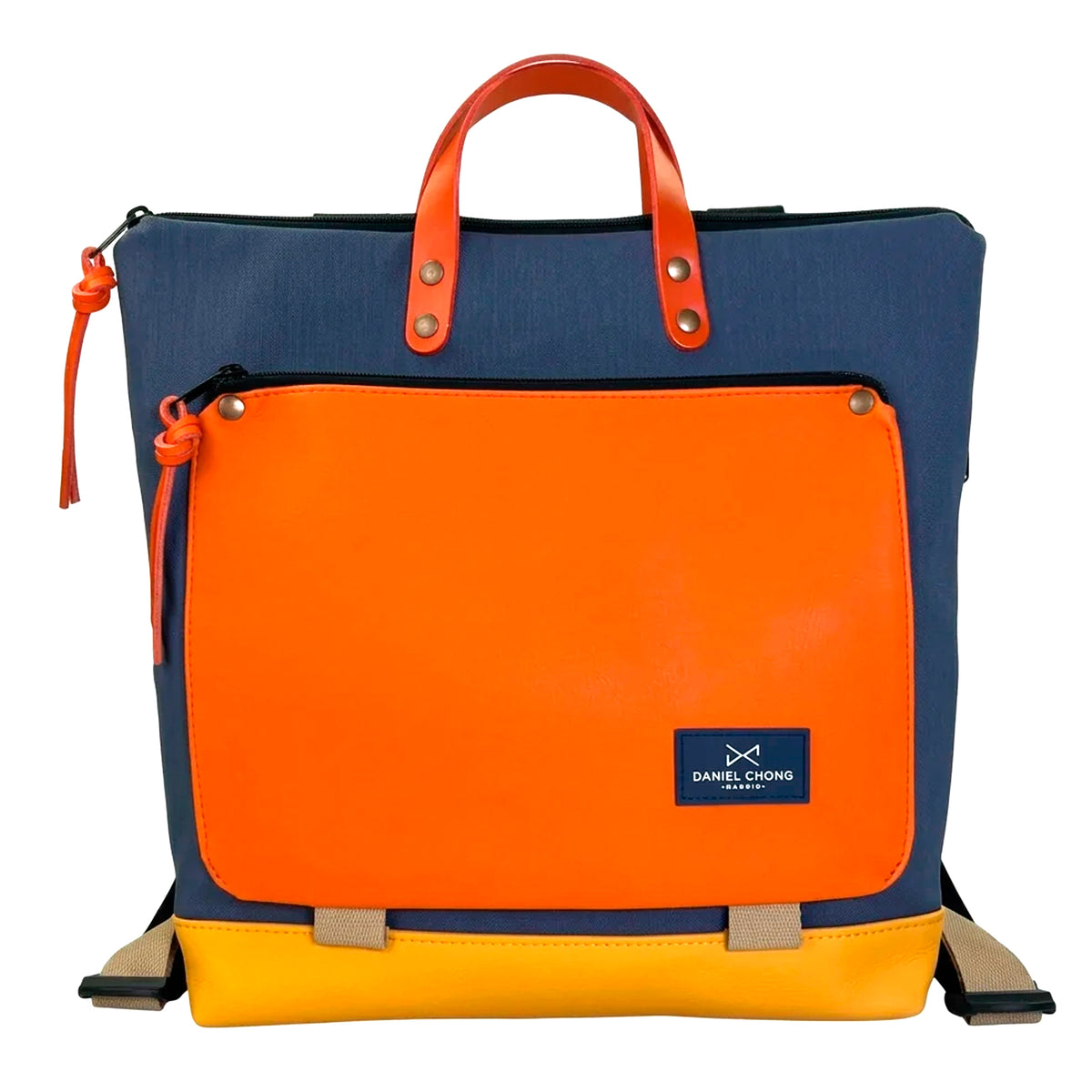 Mochila Book Holder Cuadrada Impermeable con bolsillo extra Daniel Chong - Azul con bolsillo naranja