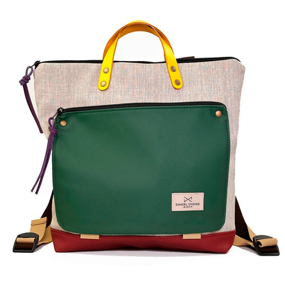 Mochila Book Holder Cuadrada Impermeable con bolsillo extra Daniel Chong - Gris con bolsillo verde