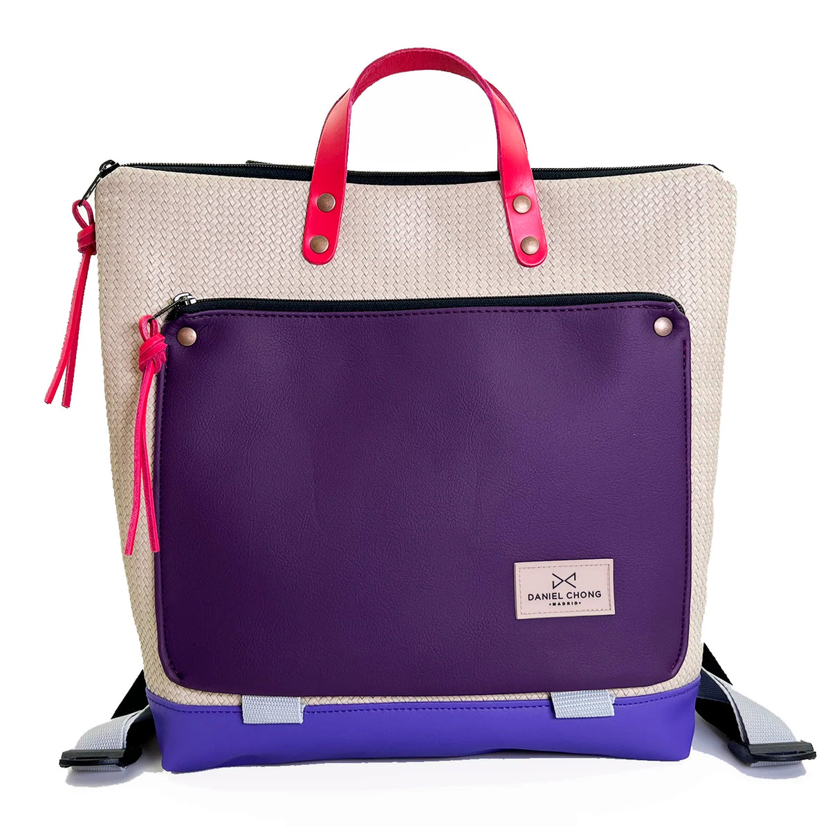 Mochila Book Holder Cuadrada Impermeable con bolsillo extra Daniel Chong - Beige con bolsillo violeta