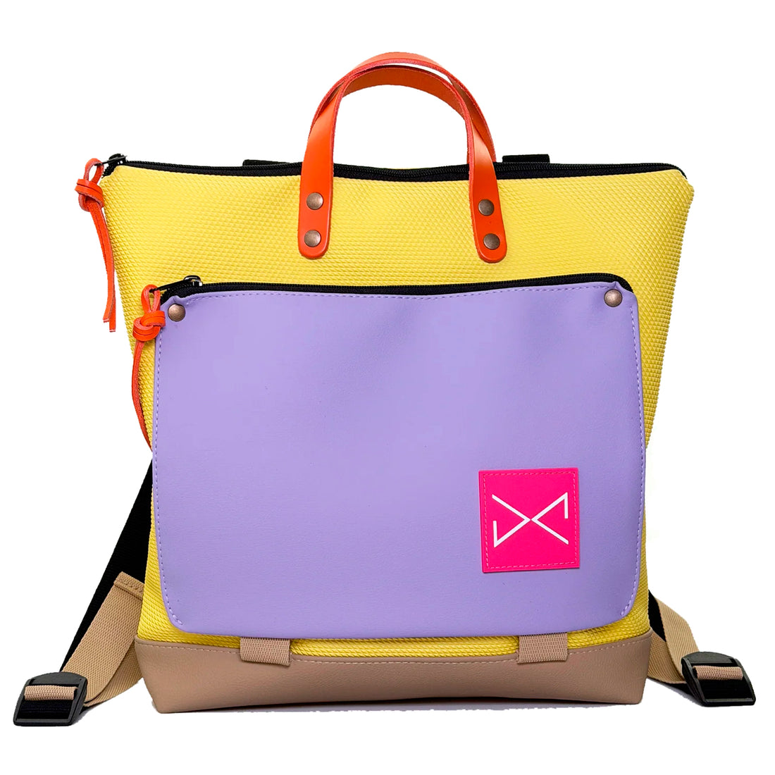 Mochila Book Holder Cuadrada Impermeable con bolsillo extra Daniel Chong - Amarillo con bolsillo lila