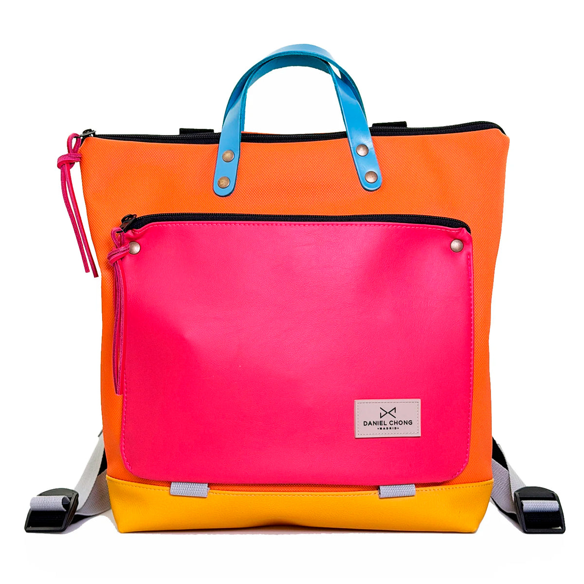 Mochila Book Holder Cuadrada Impermeable con bolsillo extra Daniel Chong - Naranja con bolsillo fucsia