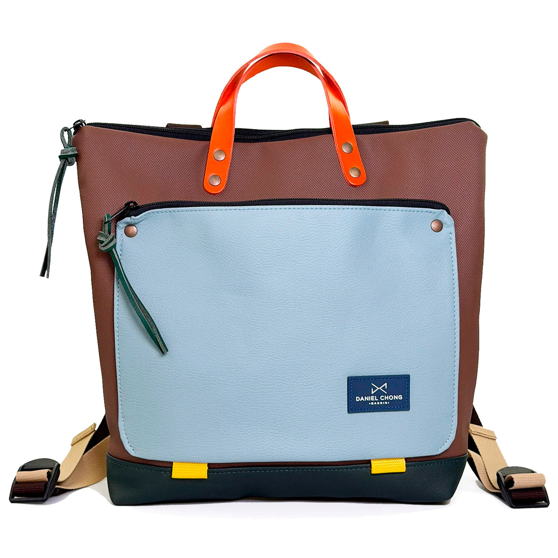 Mochila Book Holder Cuadrada Impermeable con bolsillo extra Daniel Chong - Marrón con bolsillo azul cielo