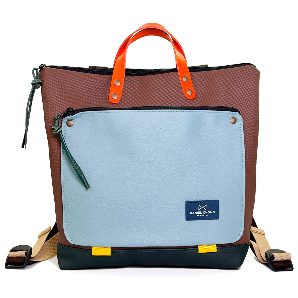 Mochila Book Holder Cuadrada Impermeable con bolsillo extra Daniel Chong - Marrón con bolsillo azul cielo