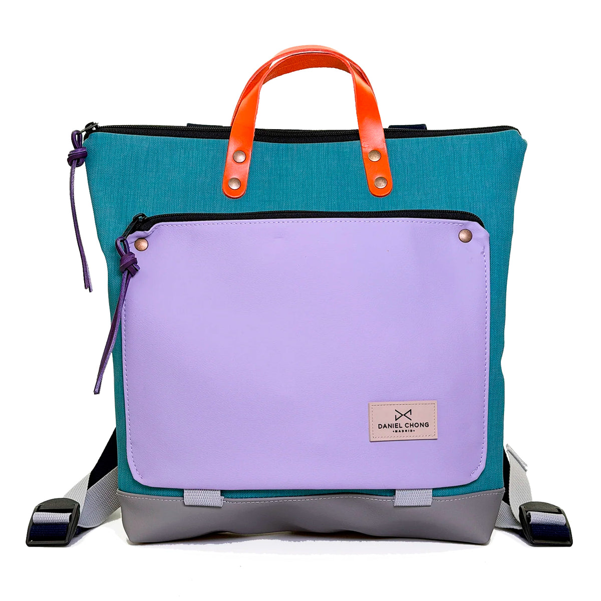 Mochila Book Holder Cuadrada Impermeable con bolsillo extra Daniel Chong - Turquesa con bolsillo lila