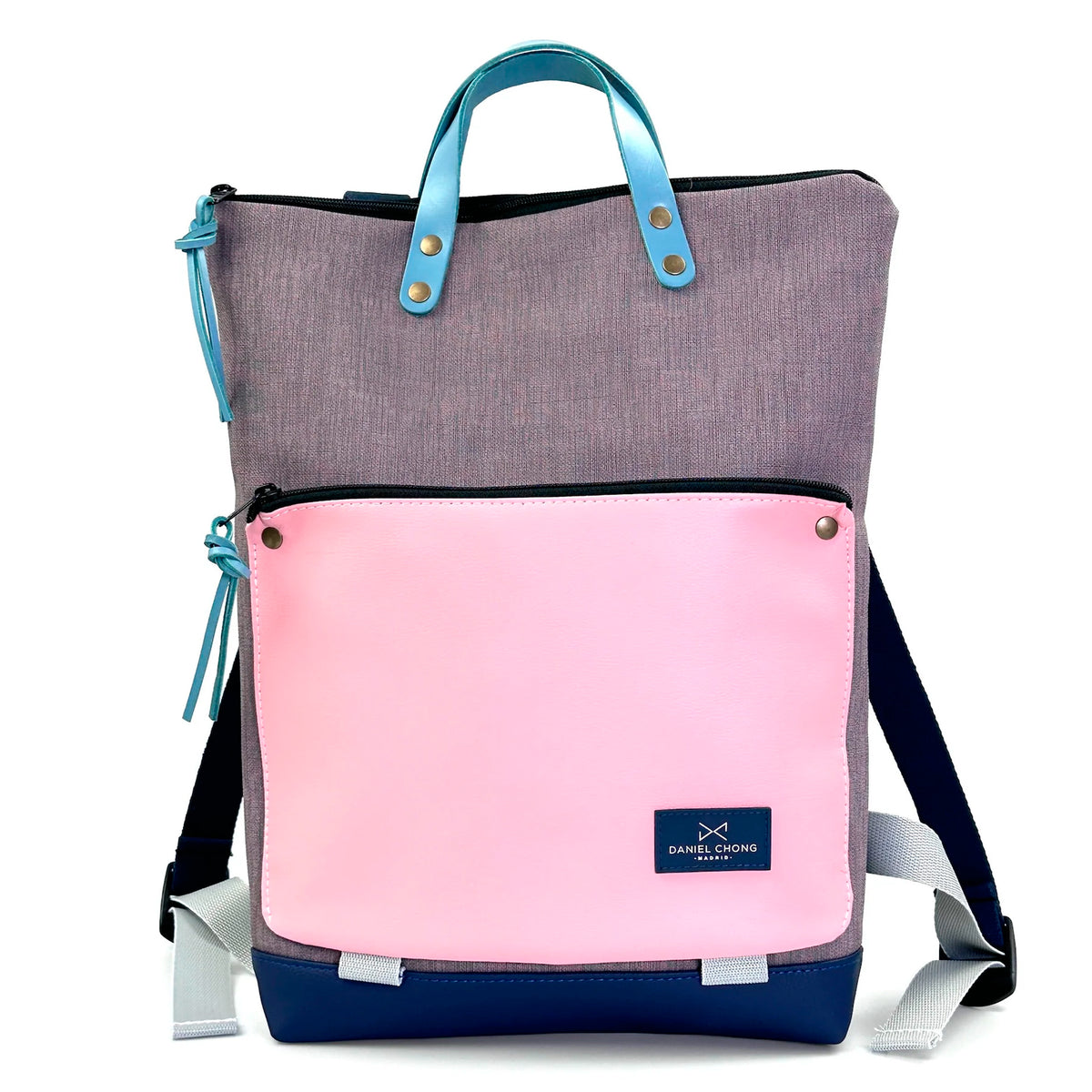 Mochila Book Holder Impermeable con bolsillo extra Daniel Chong - Gris con bolsillo rosa