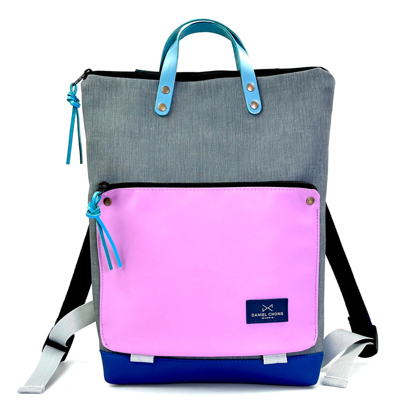 Mochila Book Holder Impermeable con bolsillo extra Daniel Chong - Gris con bolsillo rosa