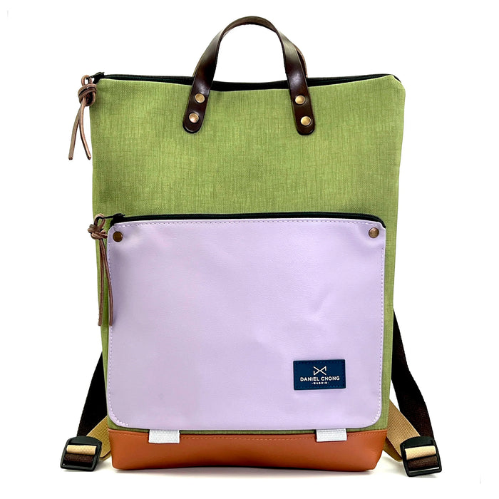 Mochila Book Holder Impermeable con bolsillo extra Daniel Chong - Verde con bolsillo lila