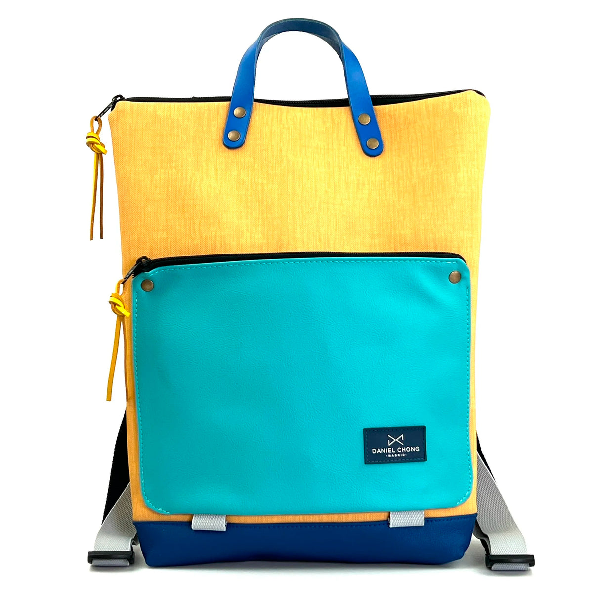 Mochila Book Holder Impermeable con bolsillo extra Daniel Chong - Amarillo con bolsillo azul