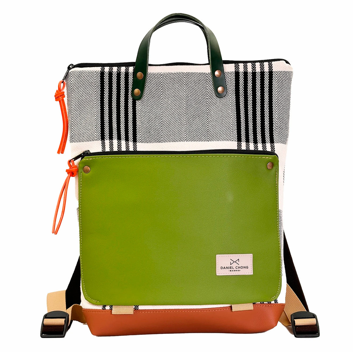Mochila Book Holder Loneta Daniel Chong - Rayas con bolsillo verde