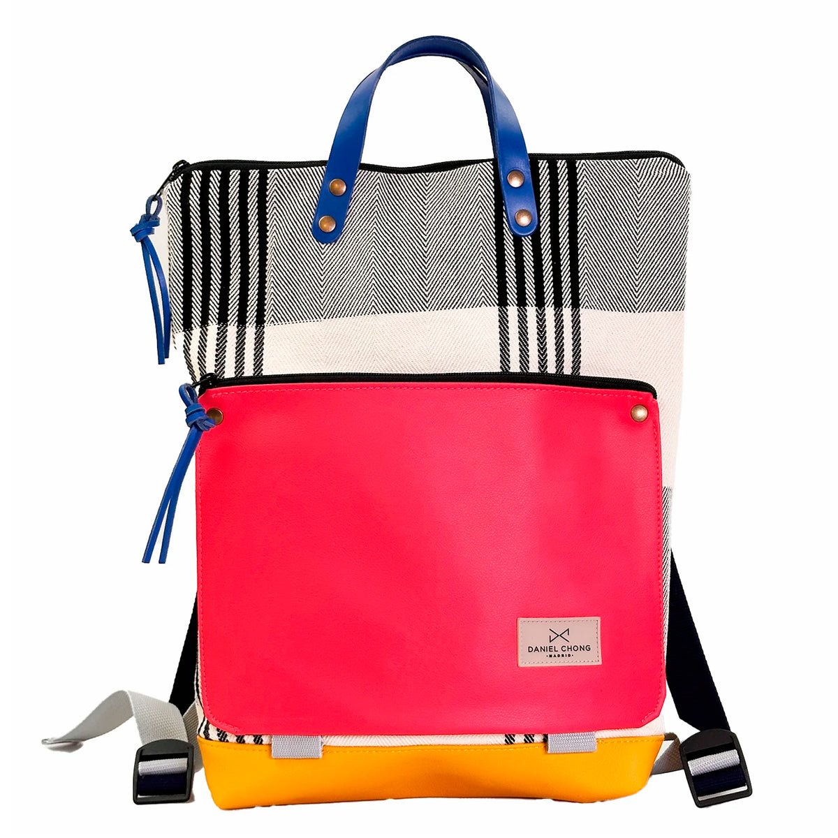 Mochila Book Holder Loneta Daniel Chong - Rayas con bolsillo fucsia