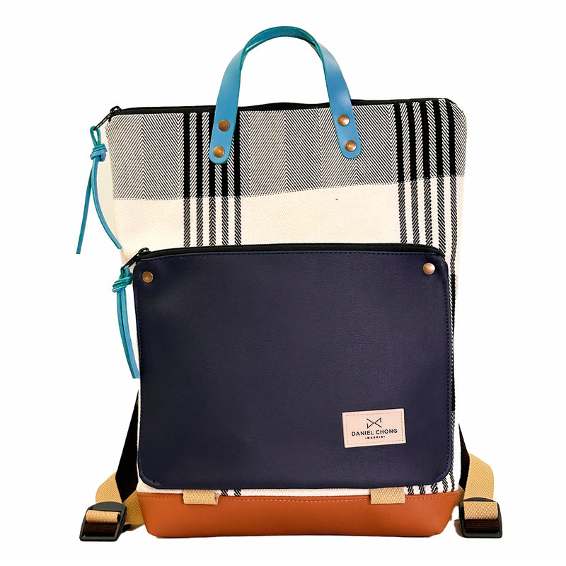 Mochila Book Holder Loneta Daniel Chong - Rayas con bolsillo azul