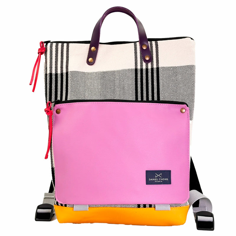 Mochila Book Holder Loneta Daniel Chong - Rayas con bolsillo rosa