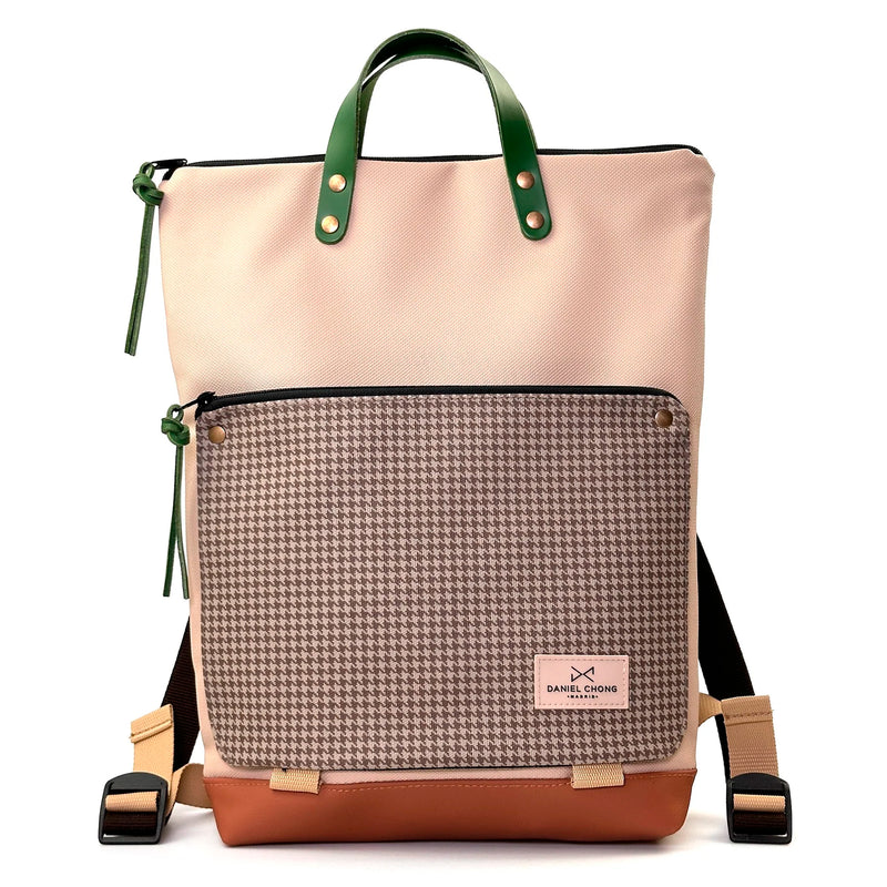 Mochila Book Holder Impermeable con bolsillo extra Daniel Chong - Beige con bolsillo pata de gallo