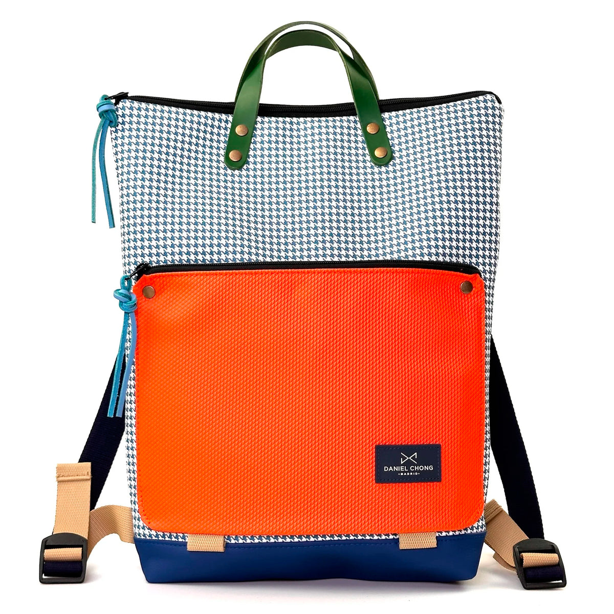 Mochila Book Holder Impermeable con bolsillo extra Daniel Chong - Pata de gallo con bolsillo naranja