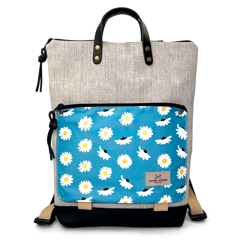 Mochila Book Holder Impermeable con bolsillo extra Daniel Chong - Gris con bolsillo margaritas