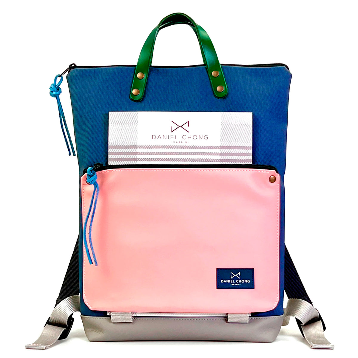 Mochila Book Holder Impermeable con bolsillo extra Daniel Chong - Azul con bolsillo rosa
