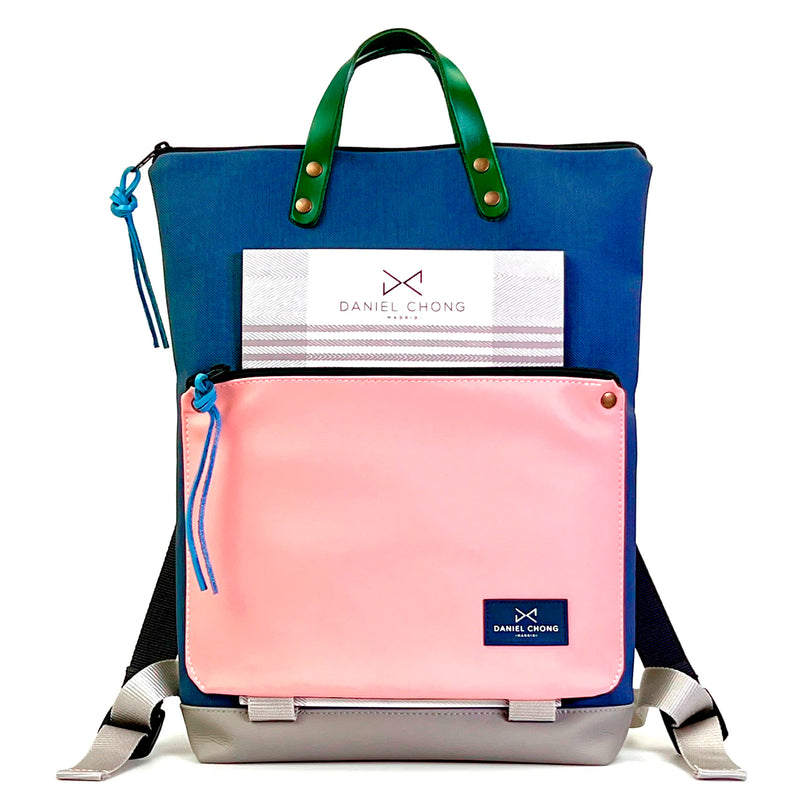 Mochila Book Holder Impermeable con bolsillo extra Daniel Chong - Azul con bolsillo rosa
