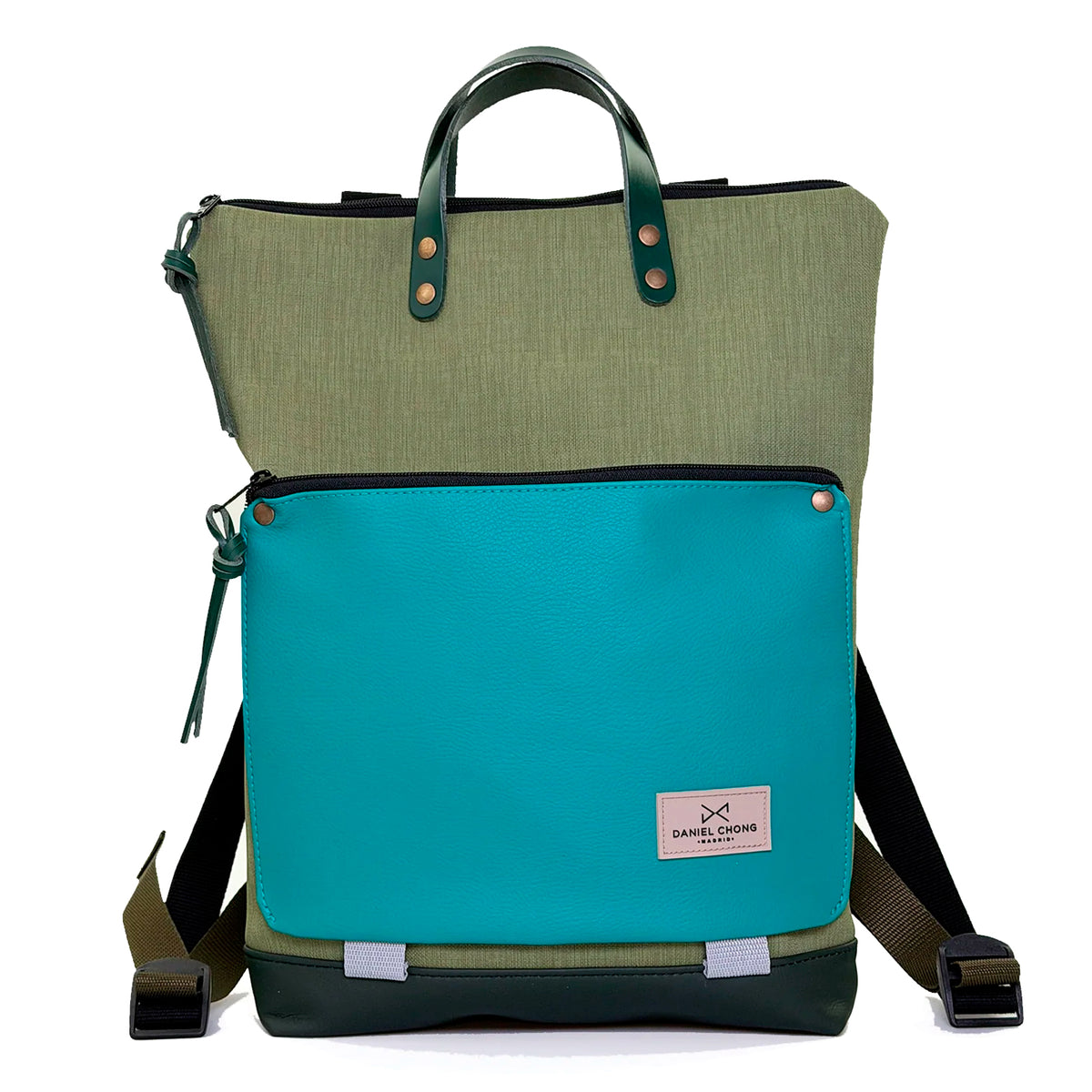 Mochila Book Holder Impermeable con bolsillo extra Daniel Chong - Verde con bolsillo turquesa