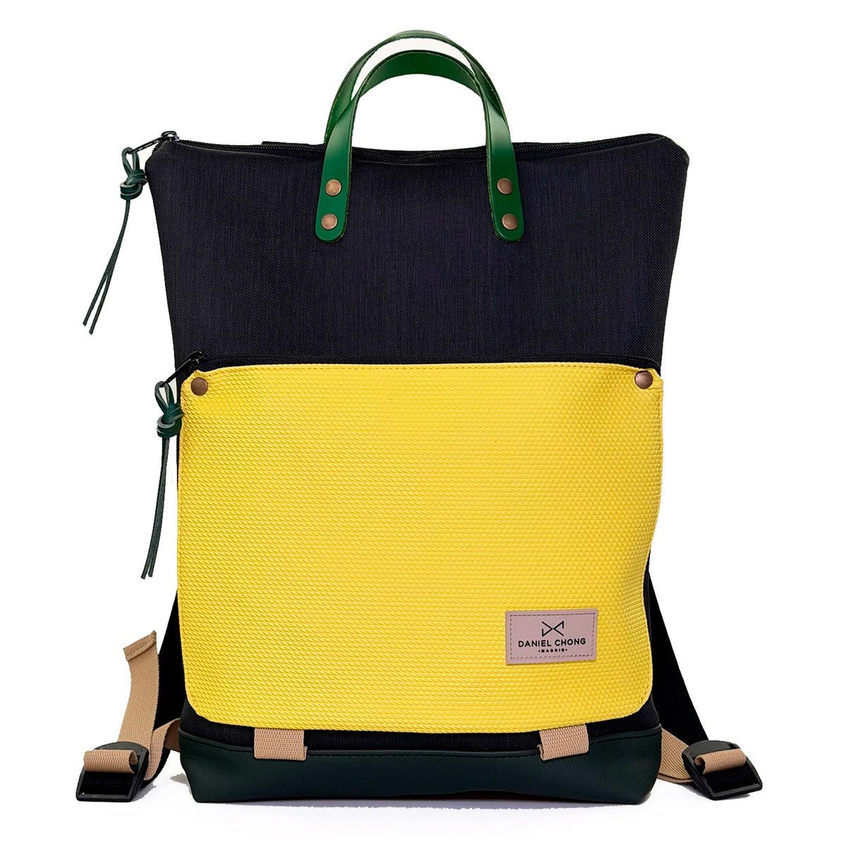 Mochila Book Holder Impermeable con bolsillo extra Daniel Chong - Negro con bolsillo amarillo
