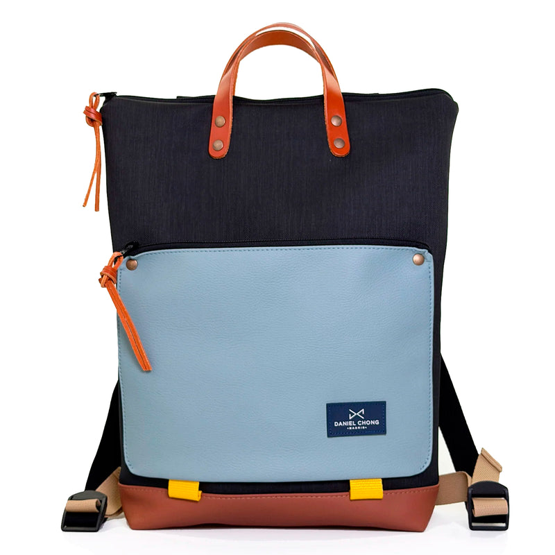 Mochila Book Holder Impermeable con bolsillo extra Daniel Chong - Negro con bolsillo azul cielo