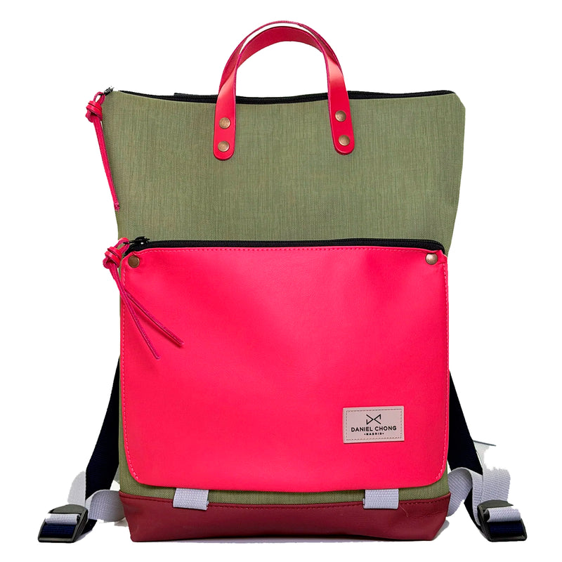 Mochila Book Holder Impermeable con bolsillo extra Daniel Chong - Verde con bolsillo fucsia