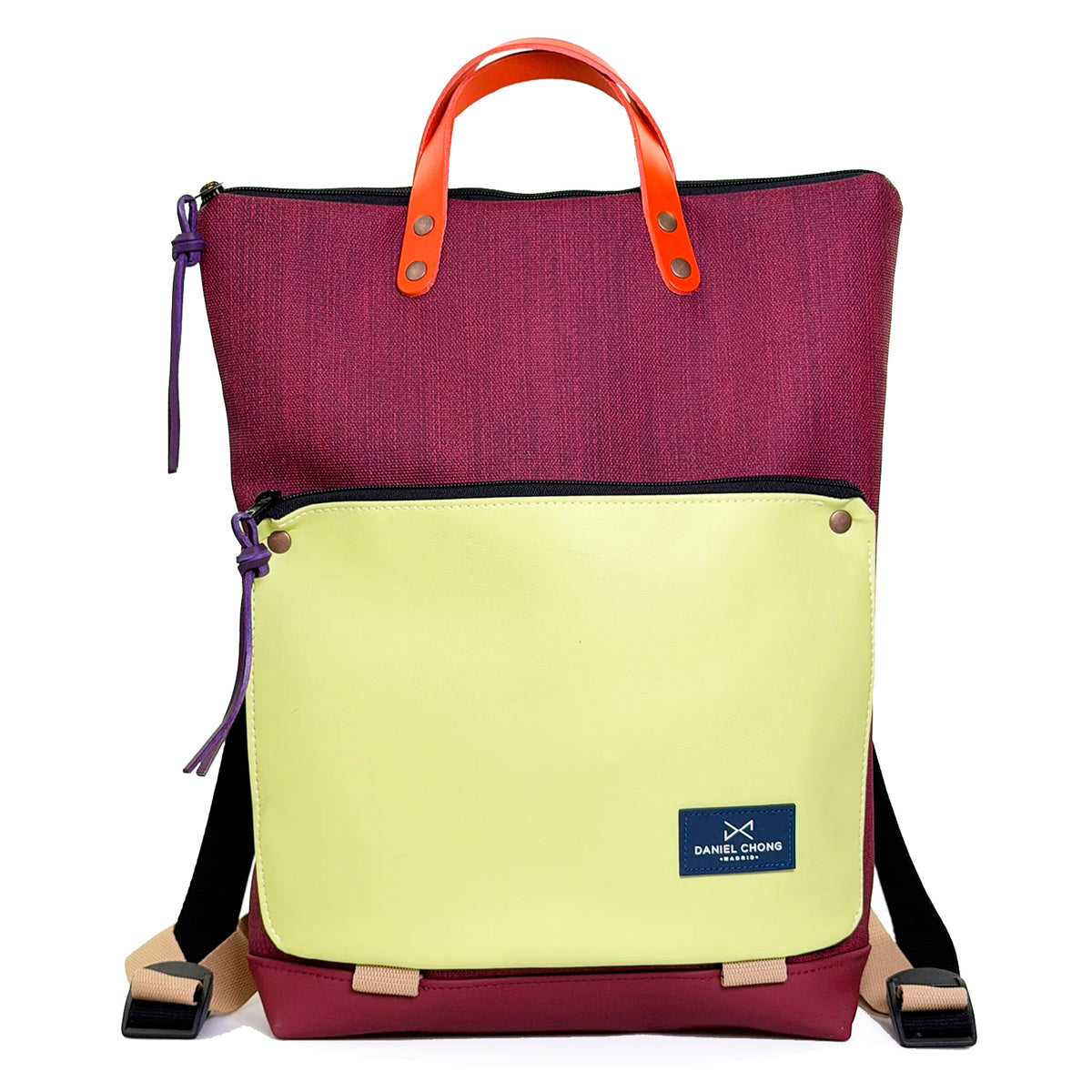 Mochila Book Holder Impermeable con bolsillo extra Daniel Chong - Color vino con bolsillo amarillo
