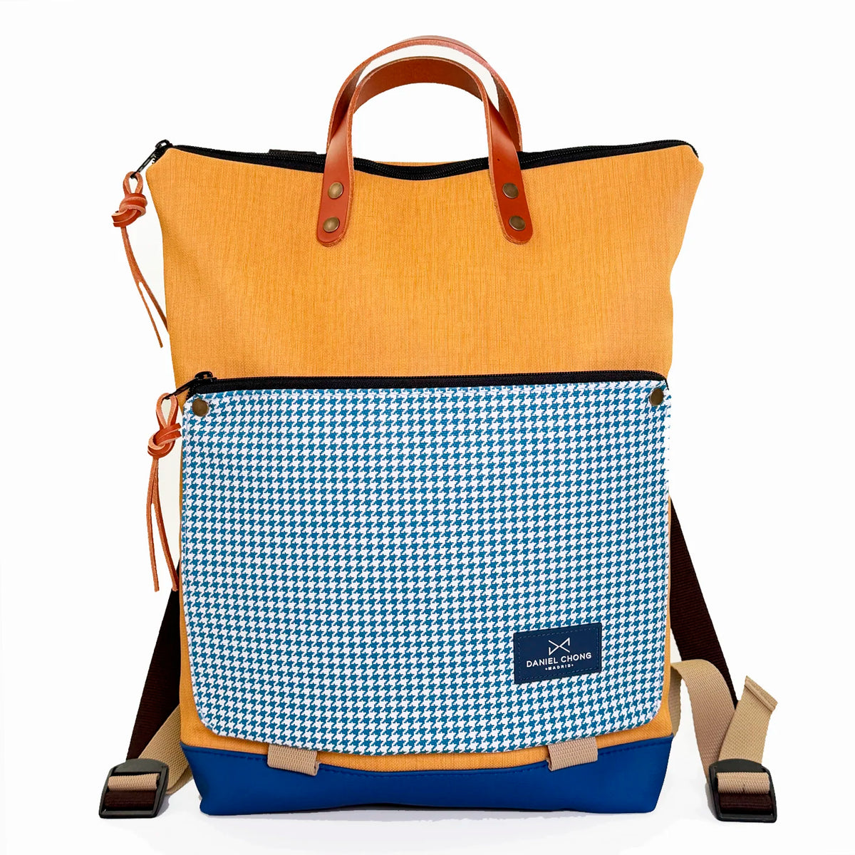 Mochila Book Holder Impermeable con bolsillo extra Daniel Chong - Mostaza con bolsillo pata de gallo azul