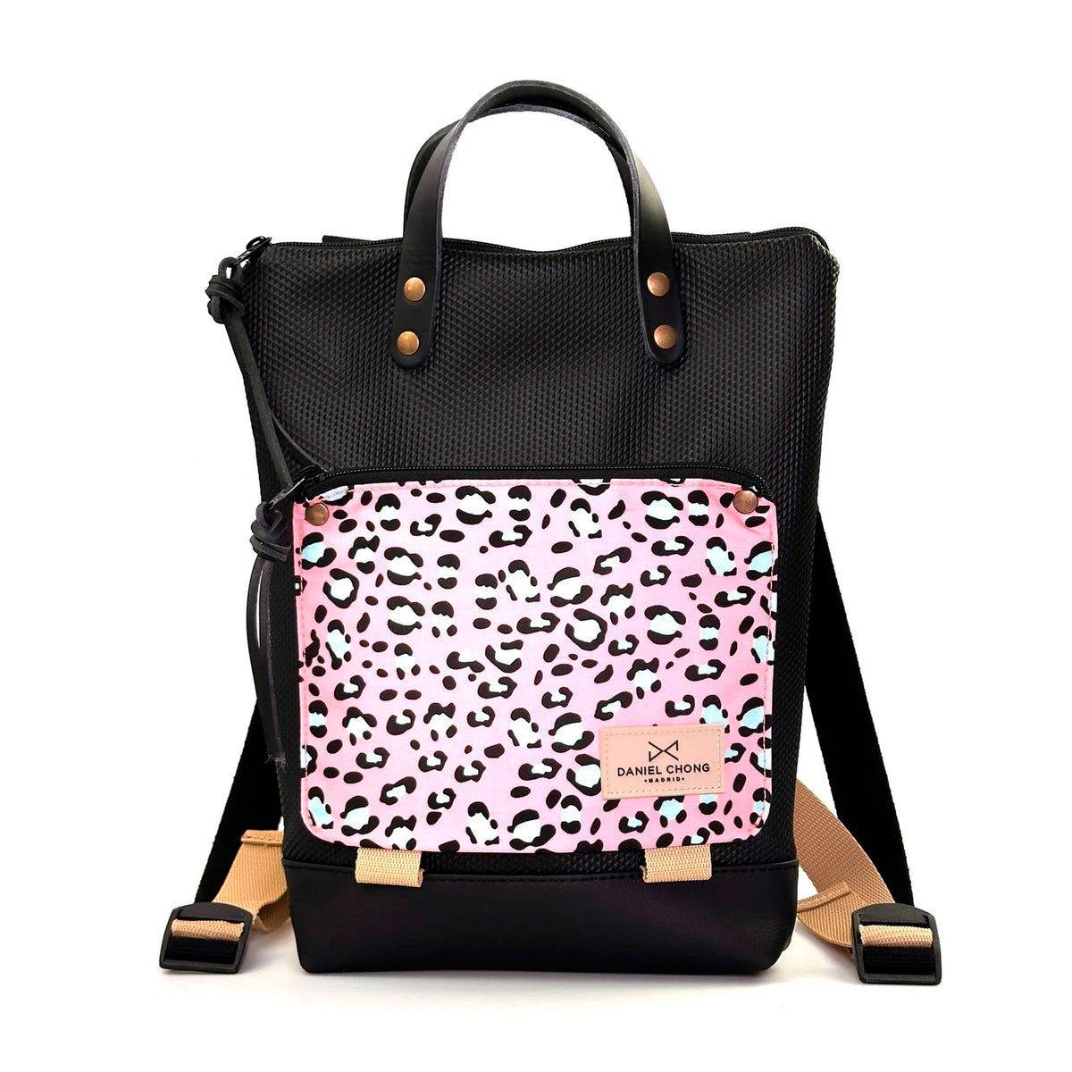 Mochila Mini Book Holder Impermeable con bolsillo extra Daniel Chong - Negro con bolsillo animal print