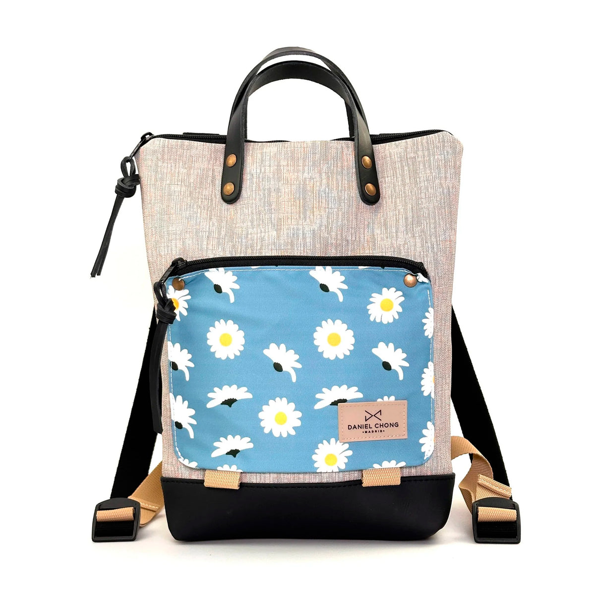 Mochila Mini Book Holder Impermeable con bolsillo extra Daniel Chong - Gris con bolsillo margaritas