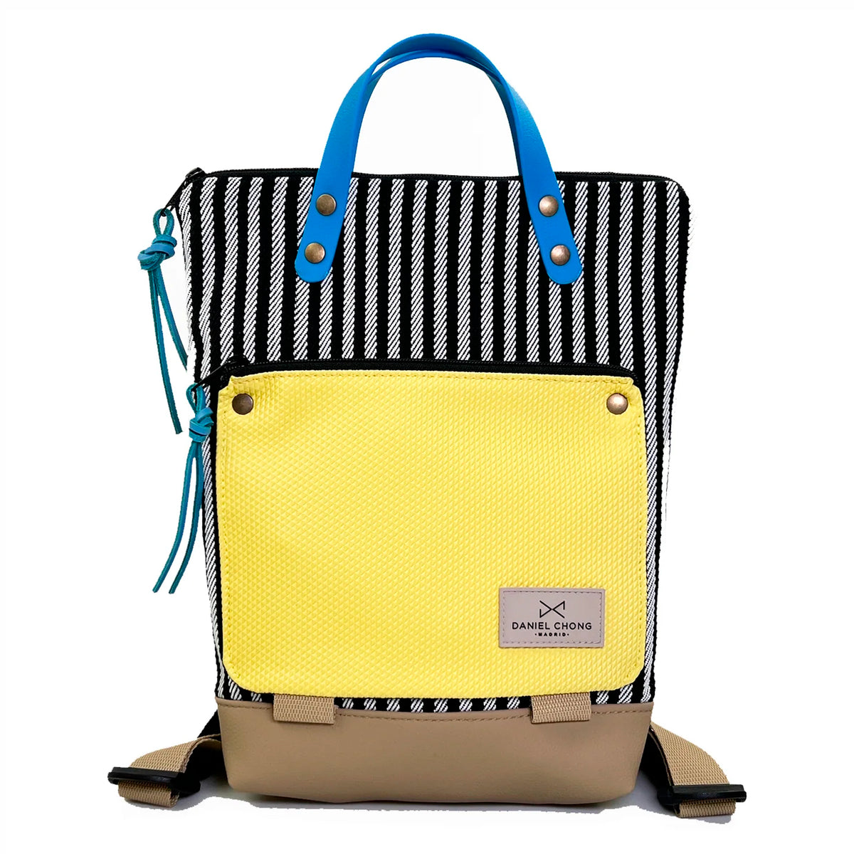 Mochila Mini Book Holder Loneta Daniel Chong - Rayas con bolsillo amarillo