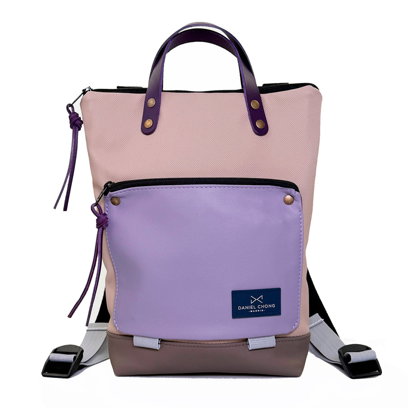 Mochila Mini Book Holder Impermeable con bolsillo extra Daniel Chong - Beige con bolsillo lila