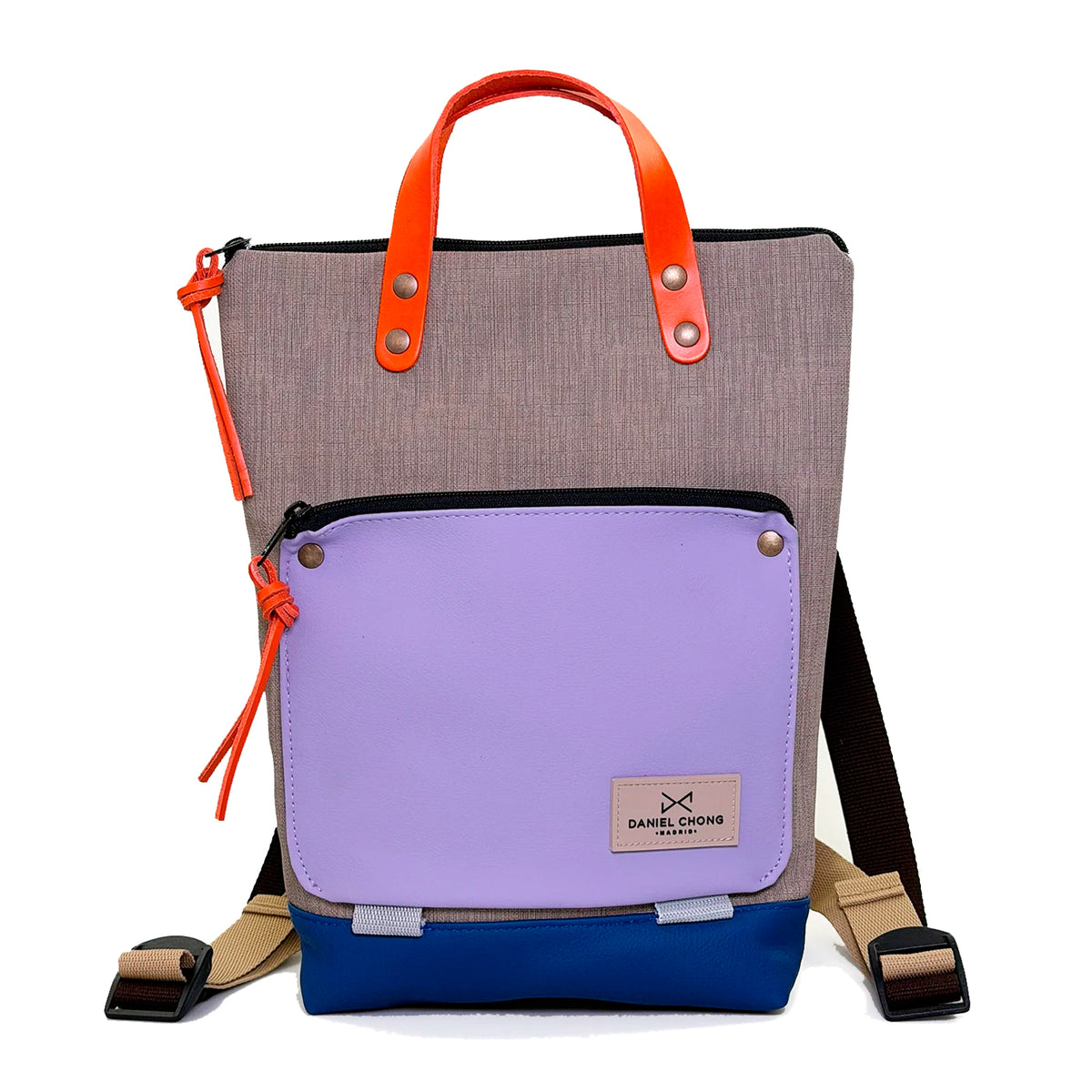 Mochila Mini Book Holder Impermeable con bolsillo extra Daniel Chong - Gris con bolsillo lila