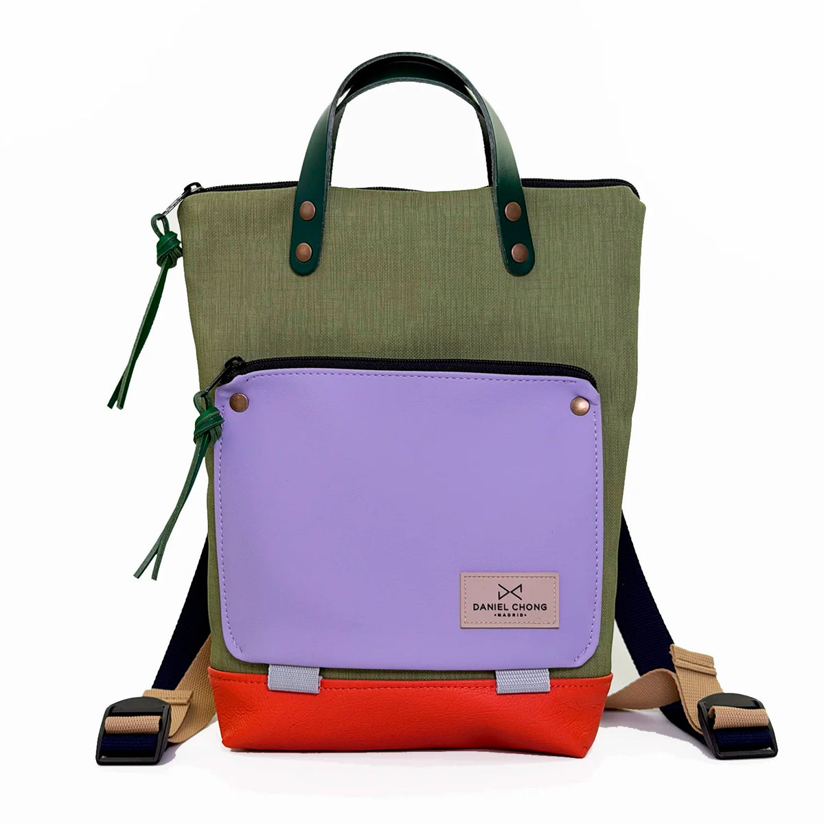 Mochila Mini Book Holder Impermeable con bolsillo extra Daniel Chong - Verde con bolsillo lila