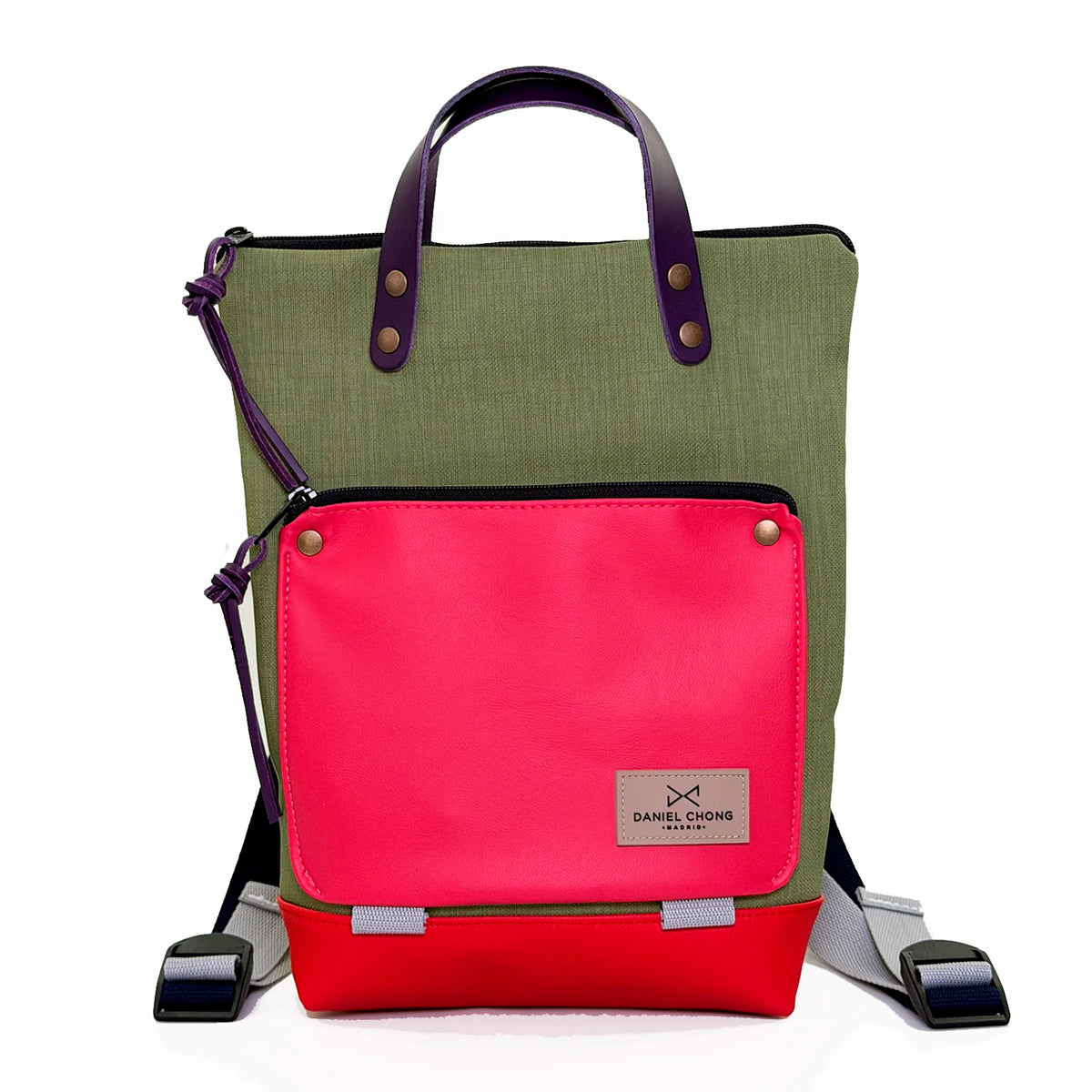 Mochila Mini Book Holder Impermeable con bolsillo extra Daniel Chong - Verde con bolsillo fucsia