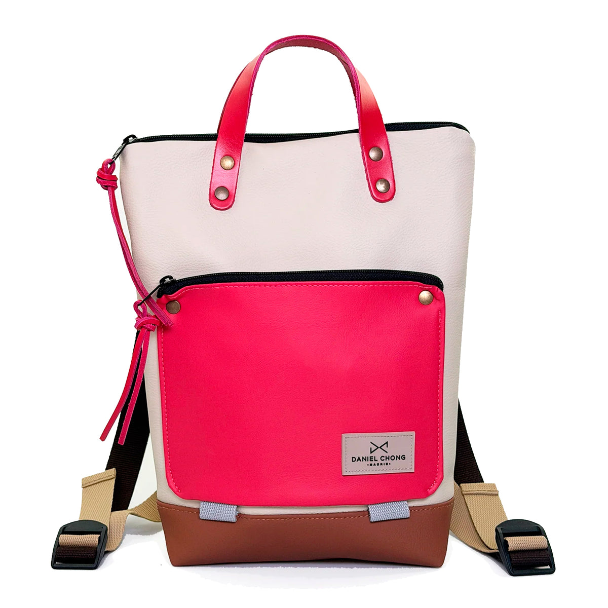 Mochila Mini Book Holder Impermeable con bolsillo extra Daniel Chong - Beige con bolsillo fucsia