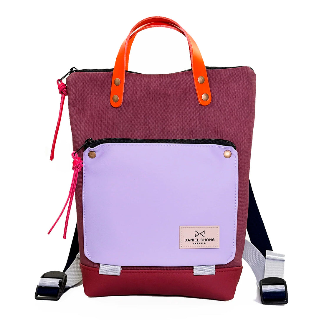 Mochila Mini Book Holder Impermeable con bolsillo extra Daniel Chong - Color vino con bolsillo lila