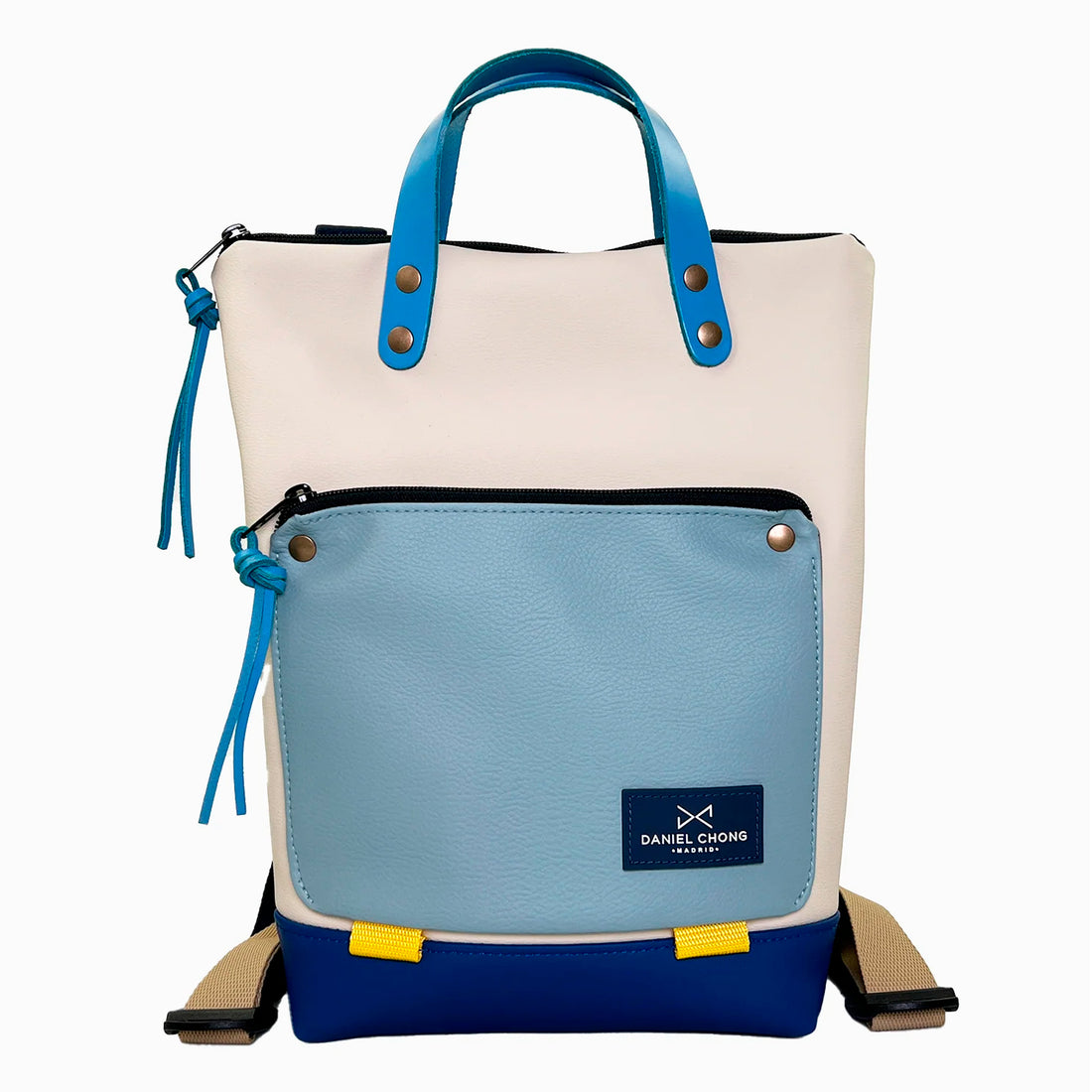 Mochila Mini Book Holder Impermeable con bolsillo extra Daniel Chong - Beige con bolsillo azul cielo