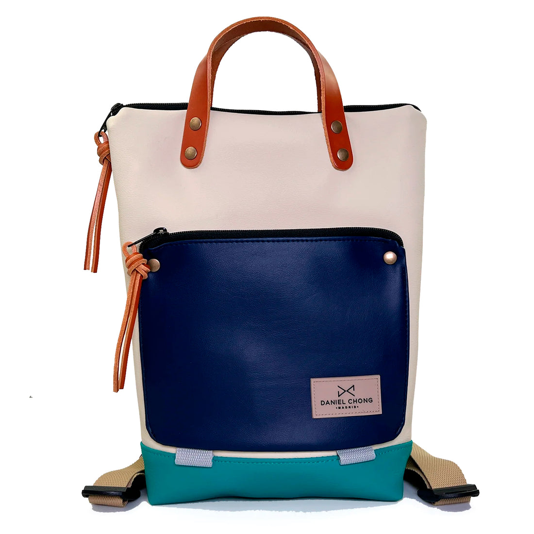 Mochila Mini Book Holder Impermeable con bolsillo extra Daniel Chong - Beige con bolsillo azul