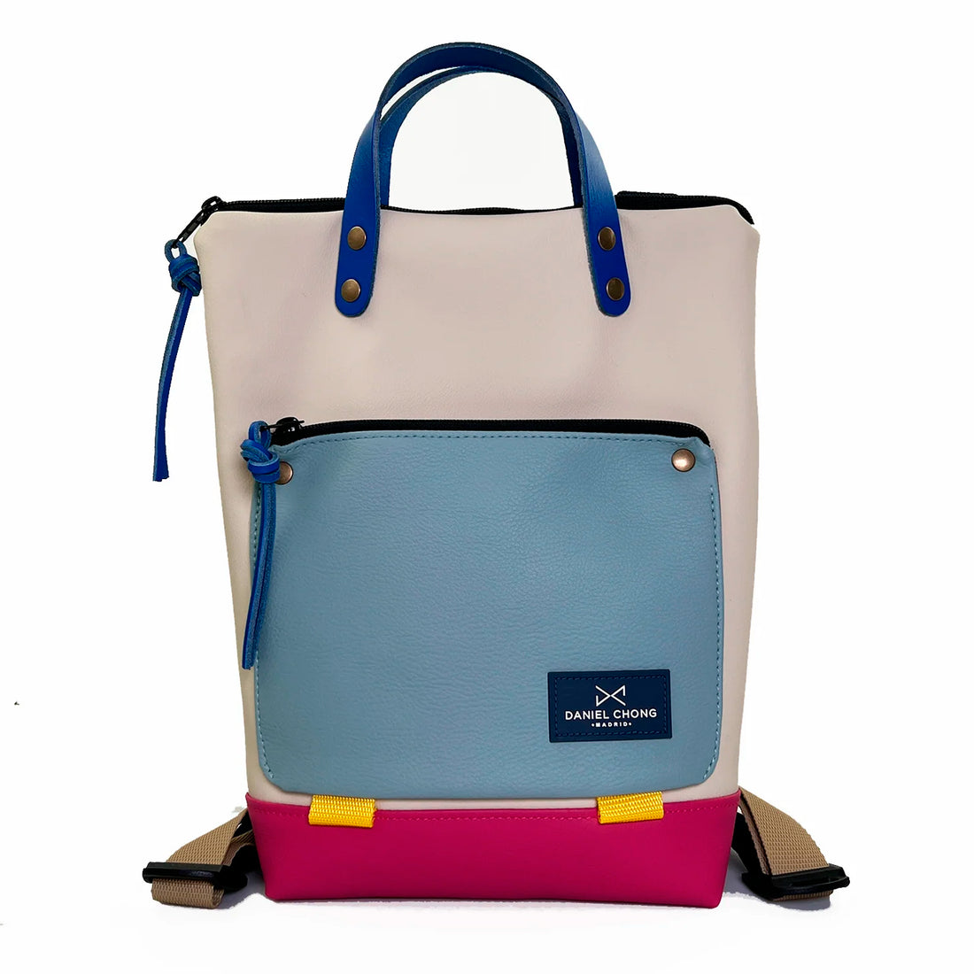 Mochila Mini Book Holder Impermeable con bolsillo extra Daniel Chong - Beige con bolsillo azul cielo
