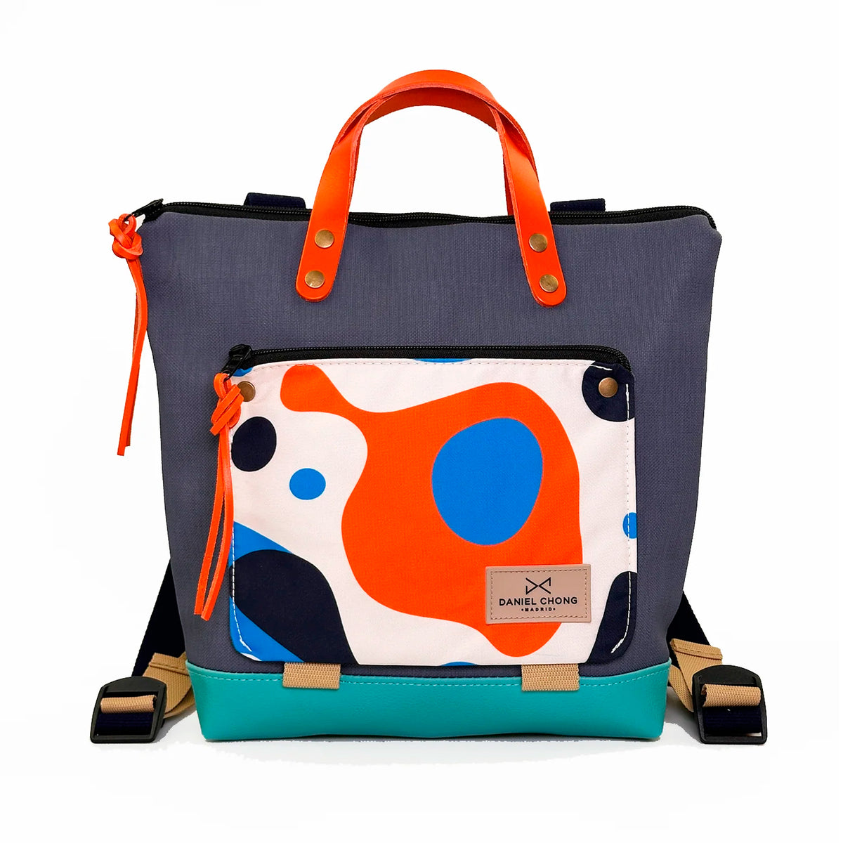Mochila Mini Book Holder Cuadrada Impermeable con bolsillo extra Daniel Chong - Azul con bolsillo abstracto