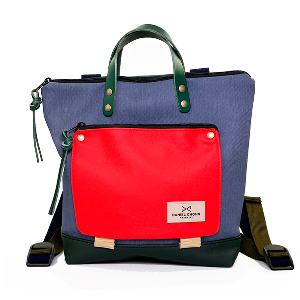 Mochila Mini Book Holder Cuadrada Impermeable con bolsillo extra Daniel Chong - Azul con bolsillo rojo