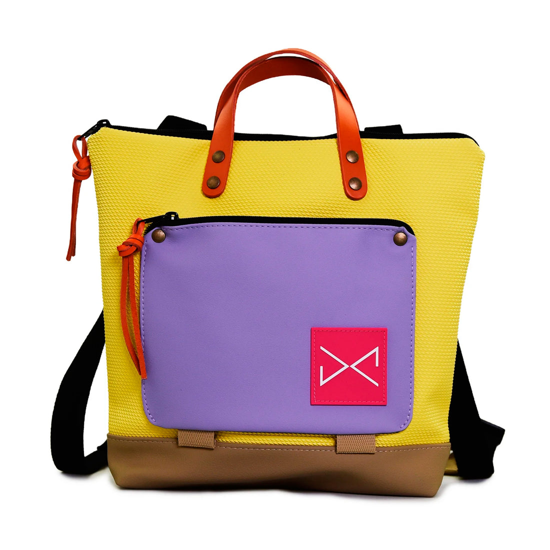 Mochila Mini Book Holder Cuadrada Impermeable con bolsillo extra Daniel Chong - Amarillo con bolsillo lila