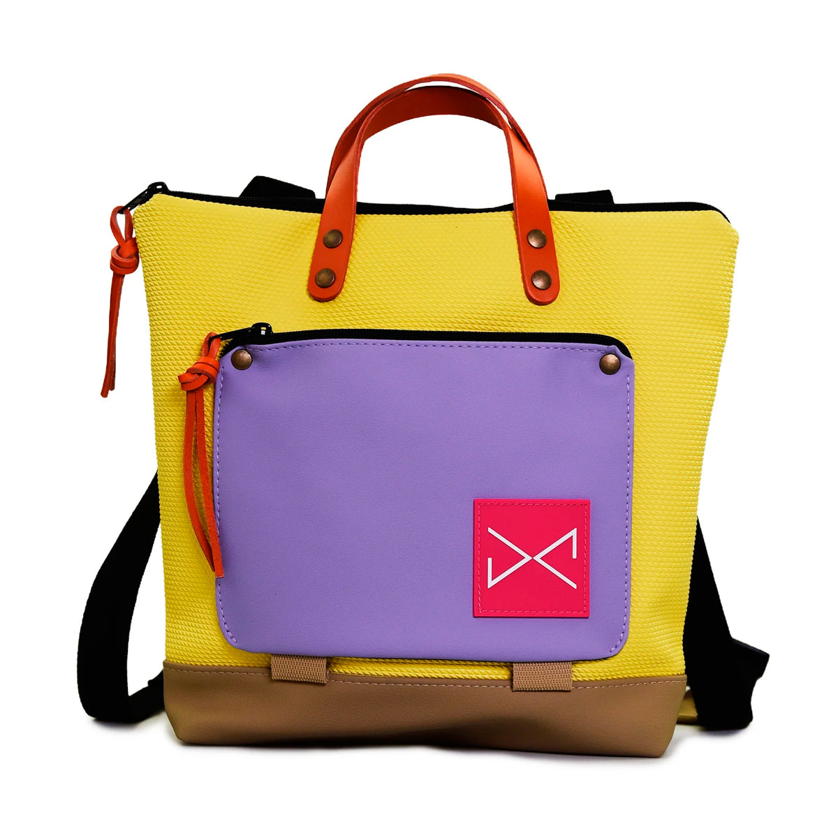 Mochila Mini Book Holder Cuadrada Impermeable con bolsillo extra Daniel Chong - Amarillo con bolsillo lila