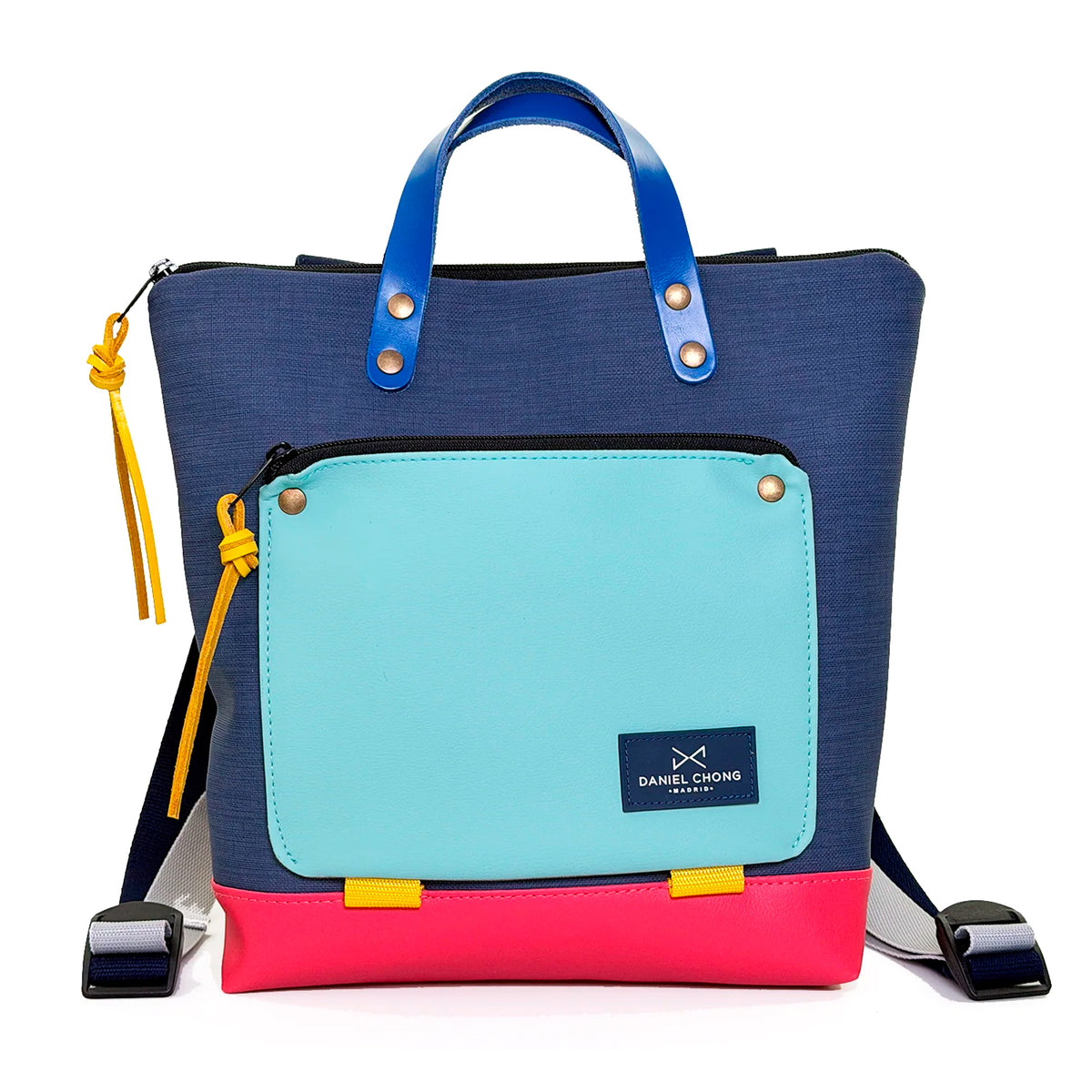 Mochila Mini Book Holder Cuadrada Impermeable con bolsillo extra Daniel Chong - Azul con bolsillo azul