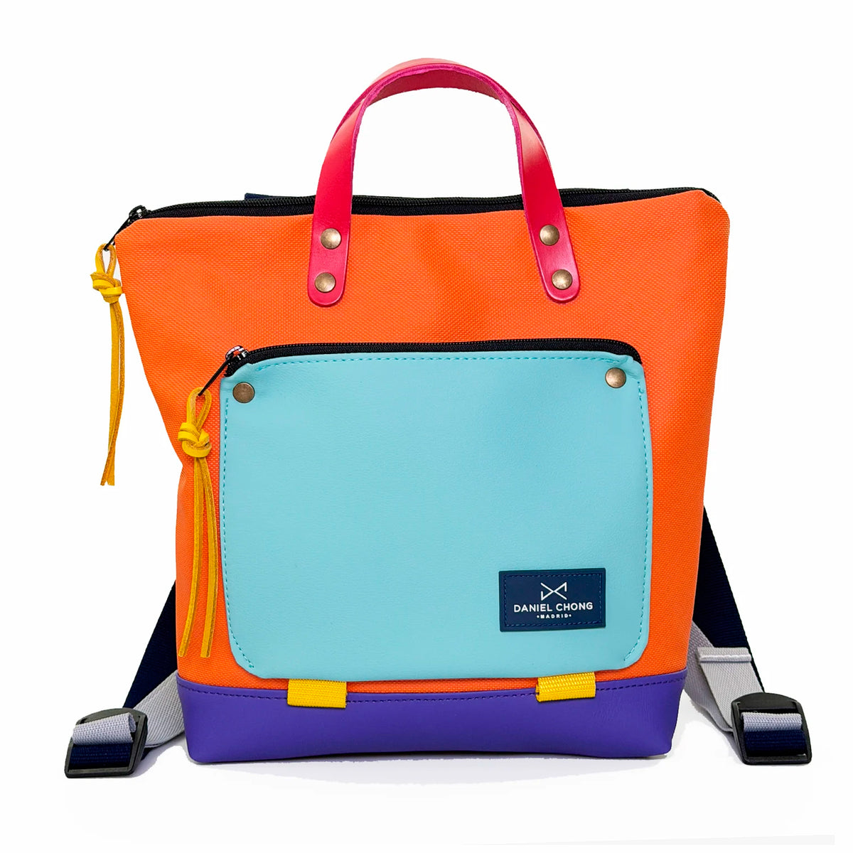 Mochila Mini Book Holder Cuadrada Impermeable con bolsillo extra Daniel Chong - Naranja con bolsillo azul