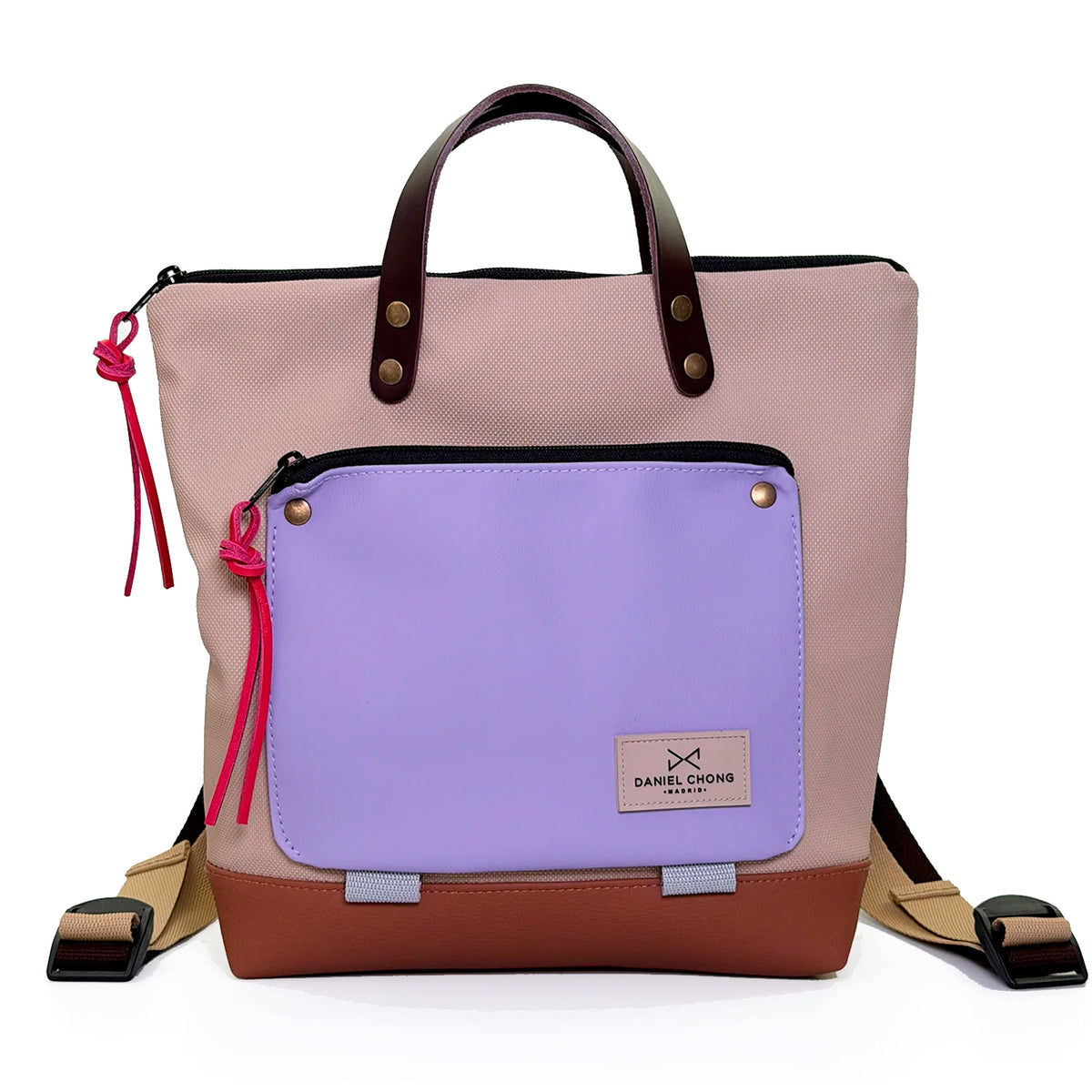 Mochila Mini Book Holder Cuadrada Impermeable con bolsillo extra Daniel Chong - Beige con bolsillo lila