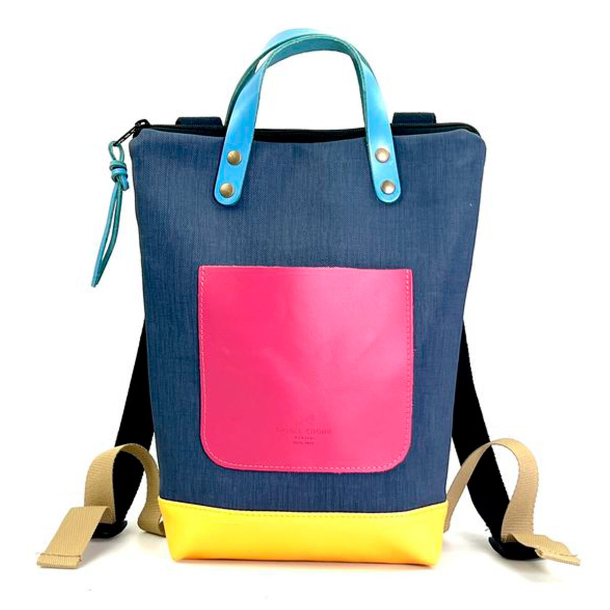 Mochila Mini Impermeable con bolsillo extra Daniel Chong - Azul con bolsillo fucsia
