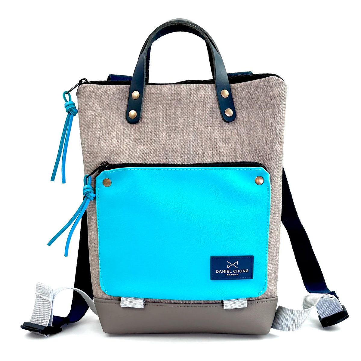 Mochila Mini Book Holder Impermeable con bolsillo extra Daniel Chong - Gris con bolsillo azul